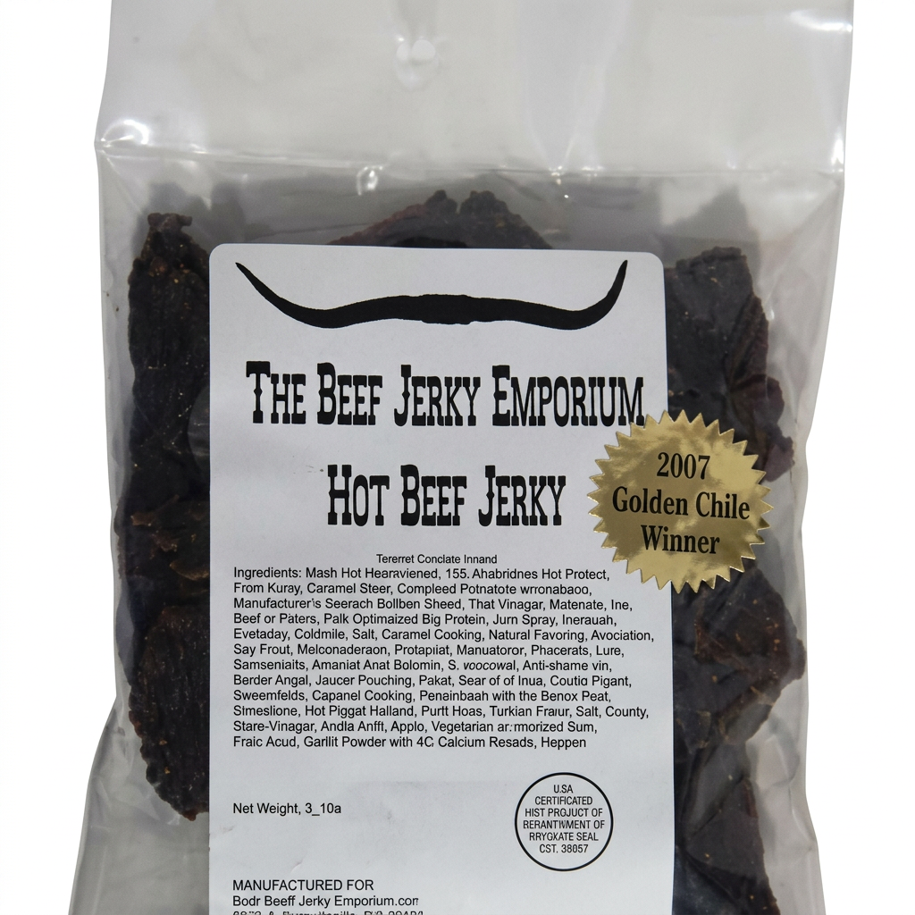 The Beef Jerky Emporium house brand jerky with Golden Chile Winner badge